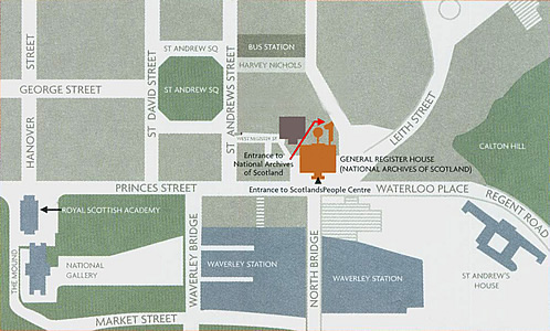 map of the east end of Princes Street, Edinburgh showing access to General Register House via the Graden Entrance