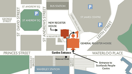 Map showing location of General Register House (east end of Princes Street, opposite the Balmoral Hotel) and how to find the Garden Entrance. The Garden Entrance lies at the back of General Register House. Follow the path to the left of General Register House, turn right between General Register House and New Register House and follow the path through the garden around the dome.