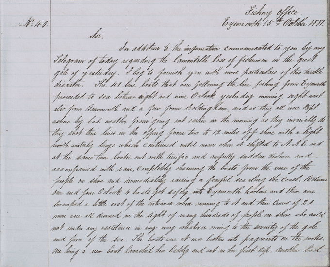 Initial report of the Eyemouth fishing disaster sent by the Eyemouth Fishery Office to the Fisheries Board. National Records of Scotland reference AF23/47 p.169