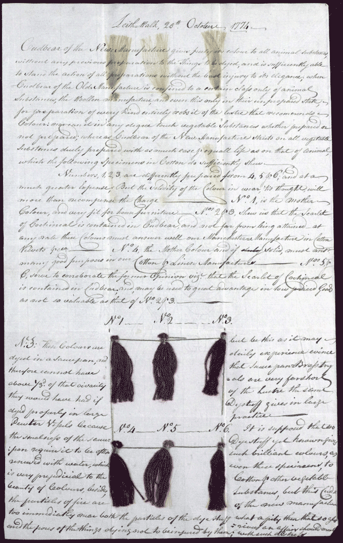 Report and dyed samples of cudbear. This document is reproduced by kind permission of His Grace the Duke of Richmond and Gordon. National Records of Scotland reference: GD44/43/137/41
