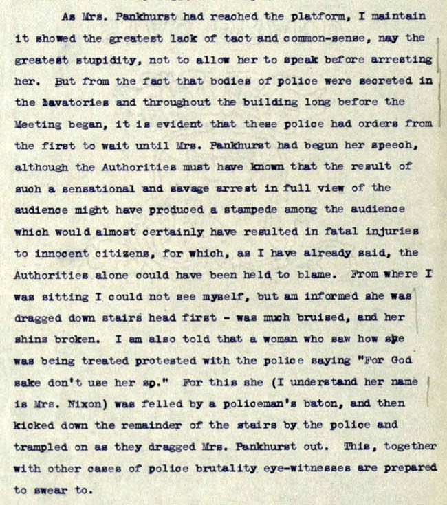 Extract from a call for a public enquiry following on from the arrest of Emmeline Pankhurst at St Andrew's Hall, Glasgow in 1914 (National Records of Scotland reference: HH55/336/1)