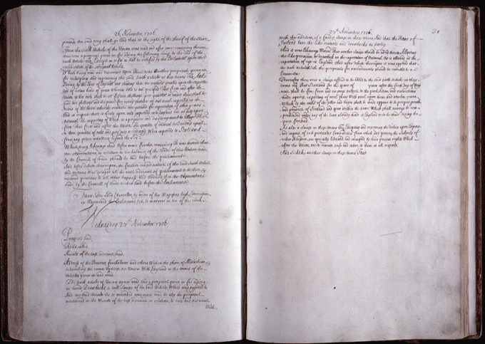 The image shows the last page of the last volume of the Acts of the Scottish Parliament. National Records of Scotland, Acts of Parliament, reference PA2/39