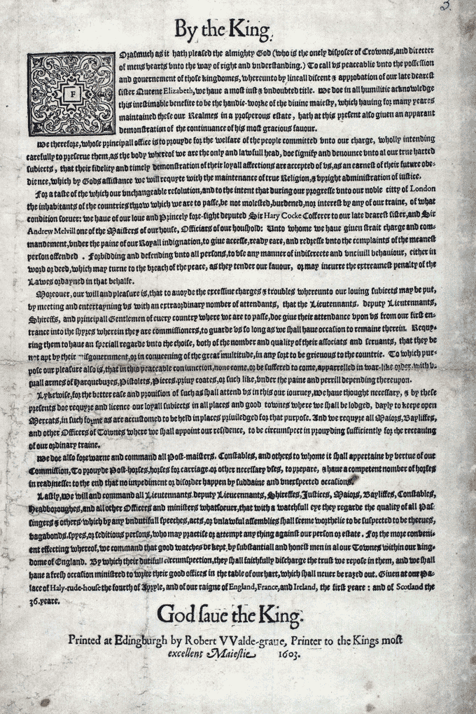 Printed proclamation by King James VI setting out his instructions to those in charge of the places through which he would pass. National Records of Scotland reference RH14/3.