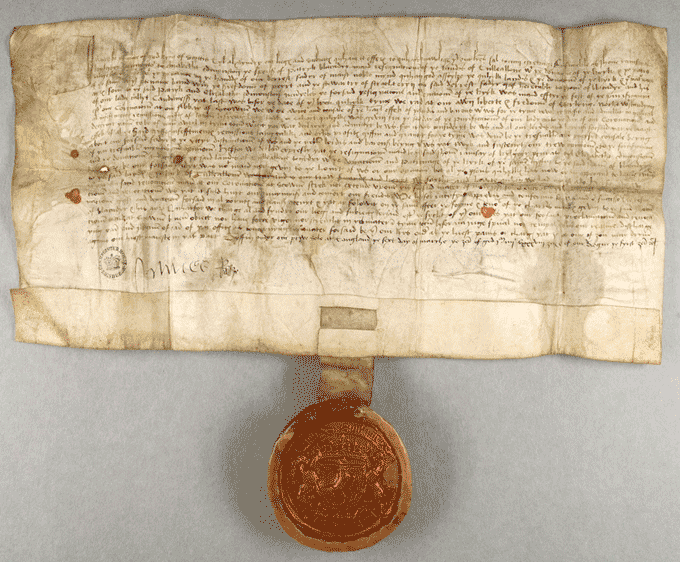 Image shows a grant of land by James IV under his privy seal, 1489. National Records of Scotland reference: RH6/544