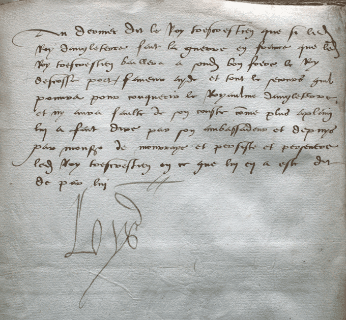 Image shows a letter from Louis XII of France, 1512. National Records of Scotland reference: SP7/21/54