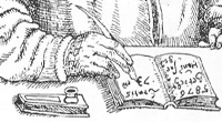 Woodcut of someone writing with a quill pen.