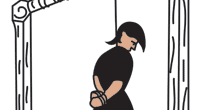 Image shows part of a drawing of a man on the gallows.