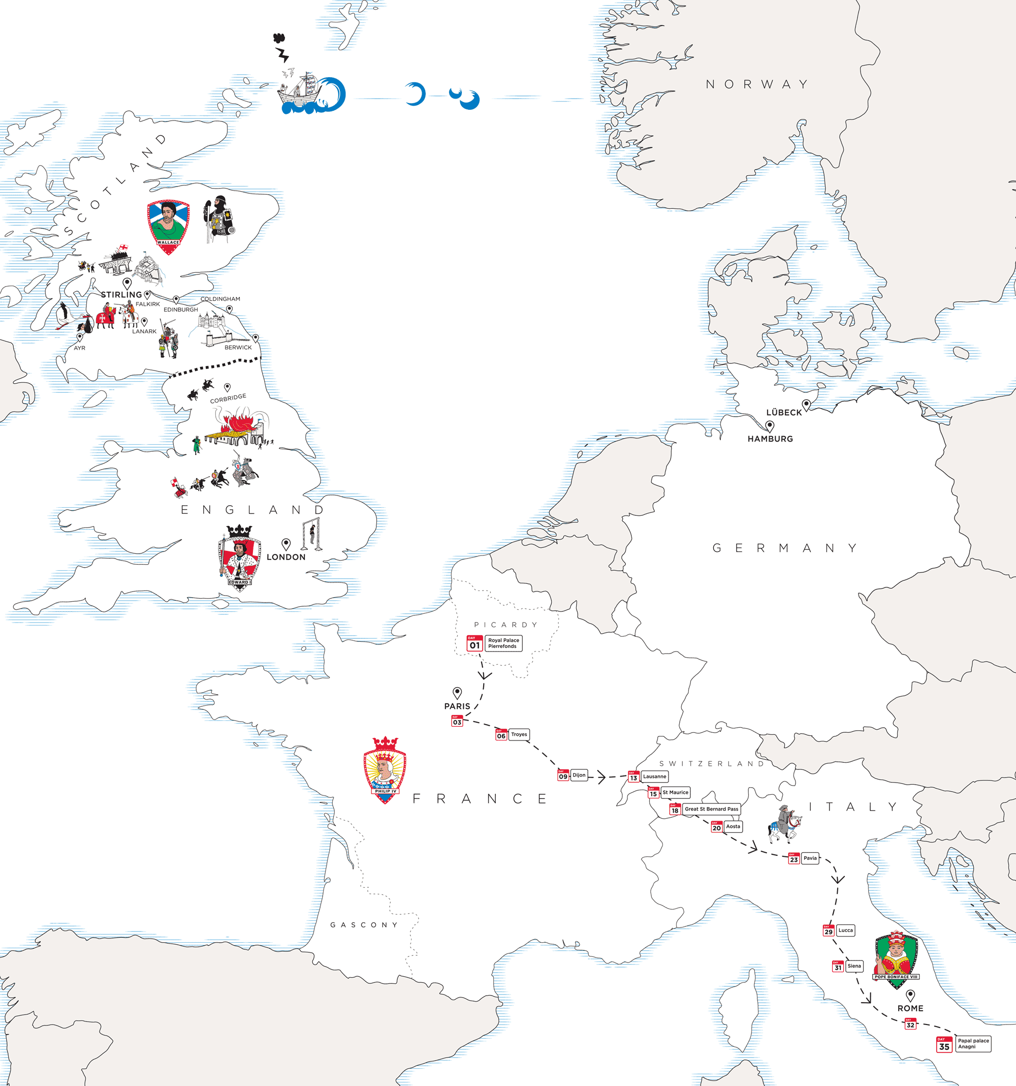 Image shows a map of 14th century Europe, highlighting people and events relating to the Scottish Wars of Independence