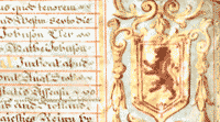 Image shows the lion rampant of Scotland, a detail from the illustrative border of the Exemplification of the Act of Union. National Records of Scotland reference SP13/210.