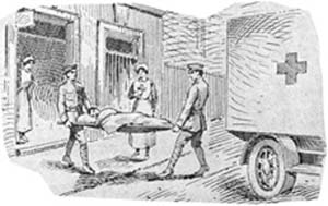 Drawing of an injured soldier being transferred from a Red Cross ambulance to hospital, with nurses standing by. National (Records of Scotland reference: BR/LIB(S) 5/63)