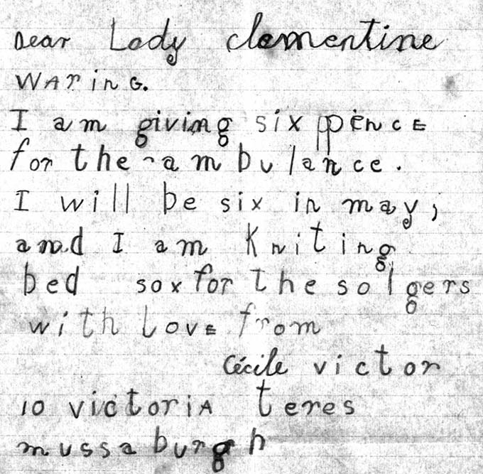 Letter from Cecile Victor, aged 6, to Lady Clementine Waring. Written in a child's handwriting and spelling, the letter reveals how everyone was involved in the war effort. National Records of Scotland reference: GD372/57/30