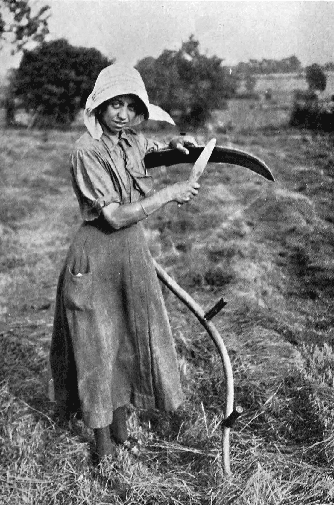 Image of woman sharpening a scythe (National Records of Scotland reference: HH31/27/51/3)