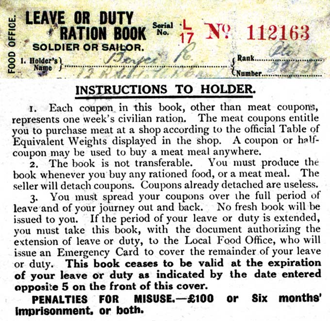 Image shows instructions included in a Leave or Duty Ration book (National Records of Scotland reference: GD1/1265/3/1)
