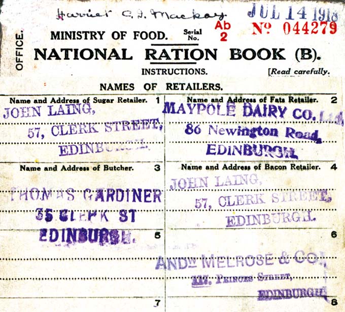 Image shows a National Ration Book, instructions and retailers' stamps (National Records of Scotland reference: GD483/14/5)