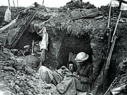 The Western Front: newly hollowed shelters for reserves at Mametz, July 1916.