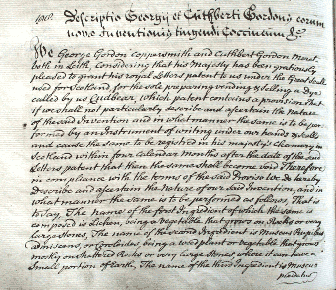 Description of George and Cuthbert Gordons’ new invention for dyeing scarlet etc. National Records of Scotland reference: C3/19 no.198