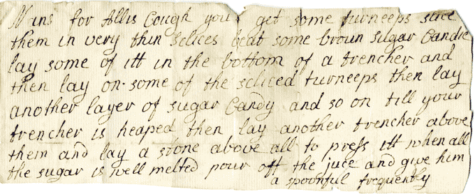 Image shows a receipt [recipe] for curing a cough, as recorded by Lady Elphinstone in 1749. National Records of Scotland reference GD113/5/421