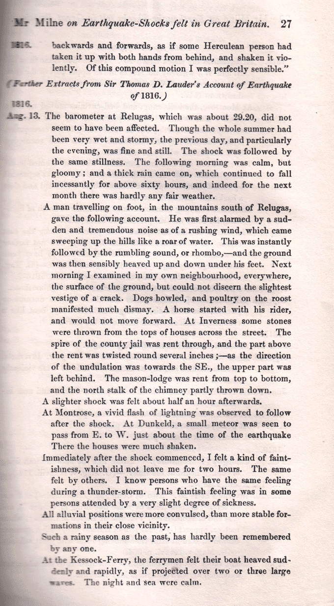 Notices of Earthquake-shocks felt in Great Britain, and especially in Scotland, with inferences suggested by these notices as to the causes of these shocks in the Edinburgh New Philosophical Journal, July 1841, page 27. National Records of Scotland reference: GD287/8/2