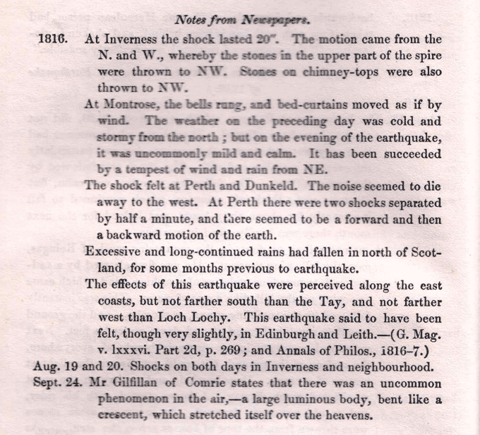 Notices of Earthquake-shocks felt in Great Britain, and especially in Scotland, with inferences suggested by these notices as to the causes of these shocks in the Edinburgh New Philosophical Journal, July 1841, page 28. National Records of Scotland reference: GD287/8/2