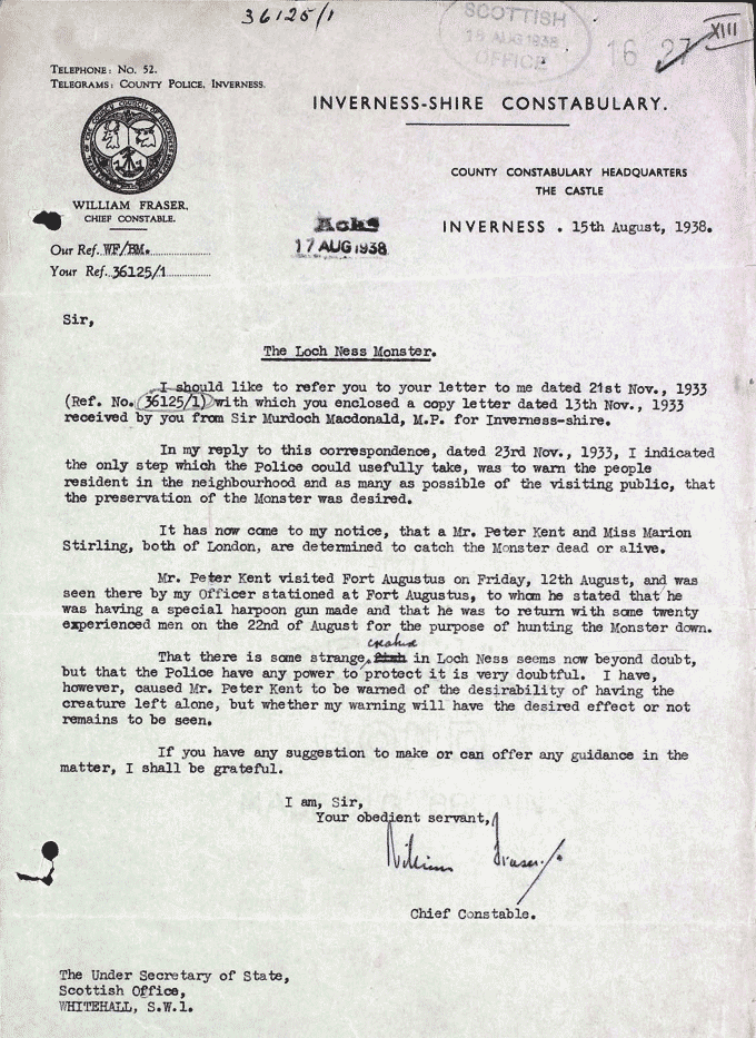 Image shows a letter from the Chief Constable of the Inverness-shire Constabulary to the Under Scretary of State at the Scottish Officer concerning the threat to Nessie from monster hunters, 1938. National Records of Scotland reference: HH1/588 p.31.