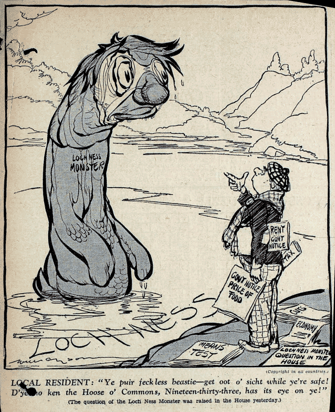 Image shows a cartoon, from an unidentified publication, of a Scot talking to the Loch Ness monster. National Records of Scotland reference: HH1/588 p.76.