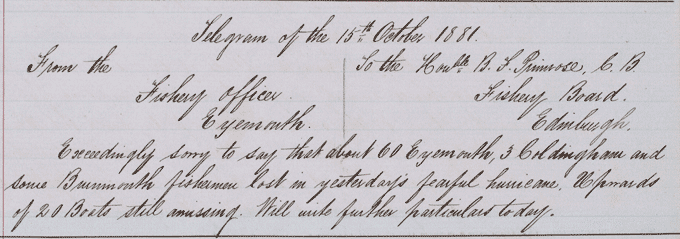 Image shows the copy of the telegram sent to the Fishery Board as recorded in the Eyemouth Fishery Office letter book. National Records of Scotland reference AF23/47 p.169