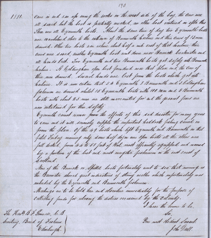 Initial report of the Eyemouth fishing disaster sent by the Eyemouth Fishery Office to the Fisheries Board. National Records of Scotland reference AF23/47 p.170