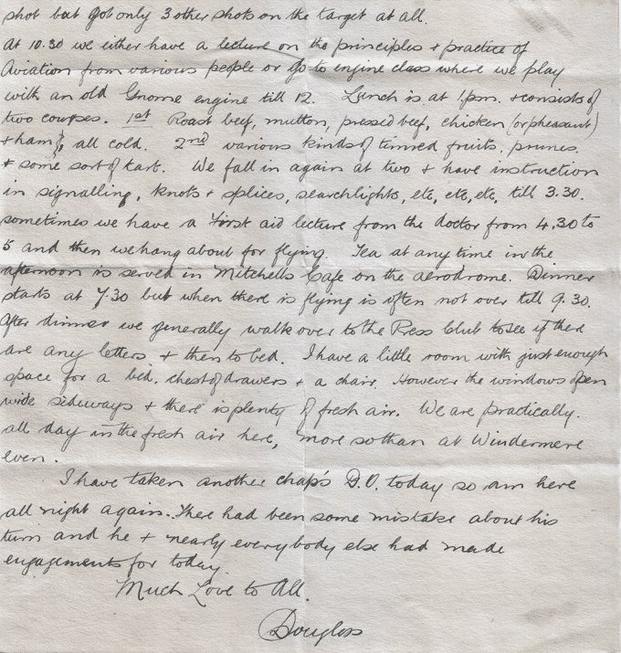 Page 2 of a letter from John Douglas Hume to his mother describing a typical training day at Hendon, July 1915 National Records of Scotland reference: GD486/54