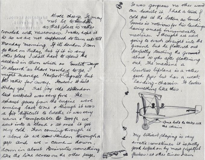 Pages from a letter written by John Douglas Hume to his mother describing how he almost crashed, August 1915. National Records of Scotland reference: GD486/62