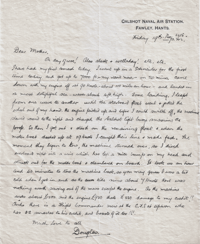 Letter from John Douglas Hume to his mother describing his first crash, November 1915. National Records of Scotland reference: GD486/85
