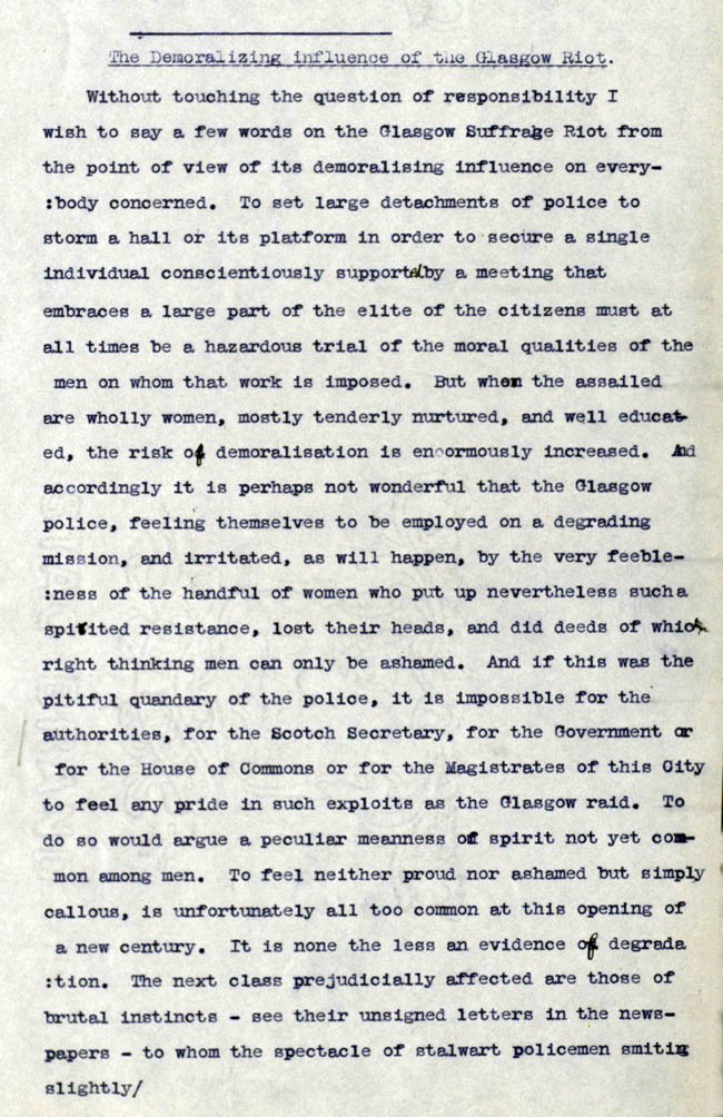 First page of Statement made by Mr William Thomson, Kelvinside, Glasgow following the riot in St Andrew's Hall, National Records of Scotland reference: HH55/336/57