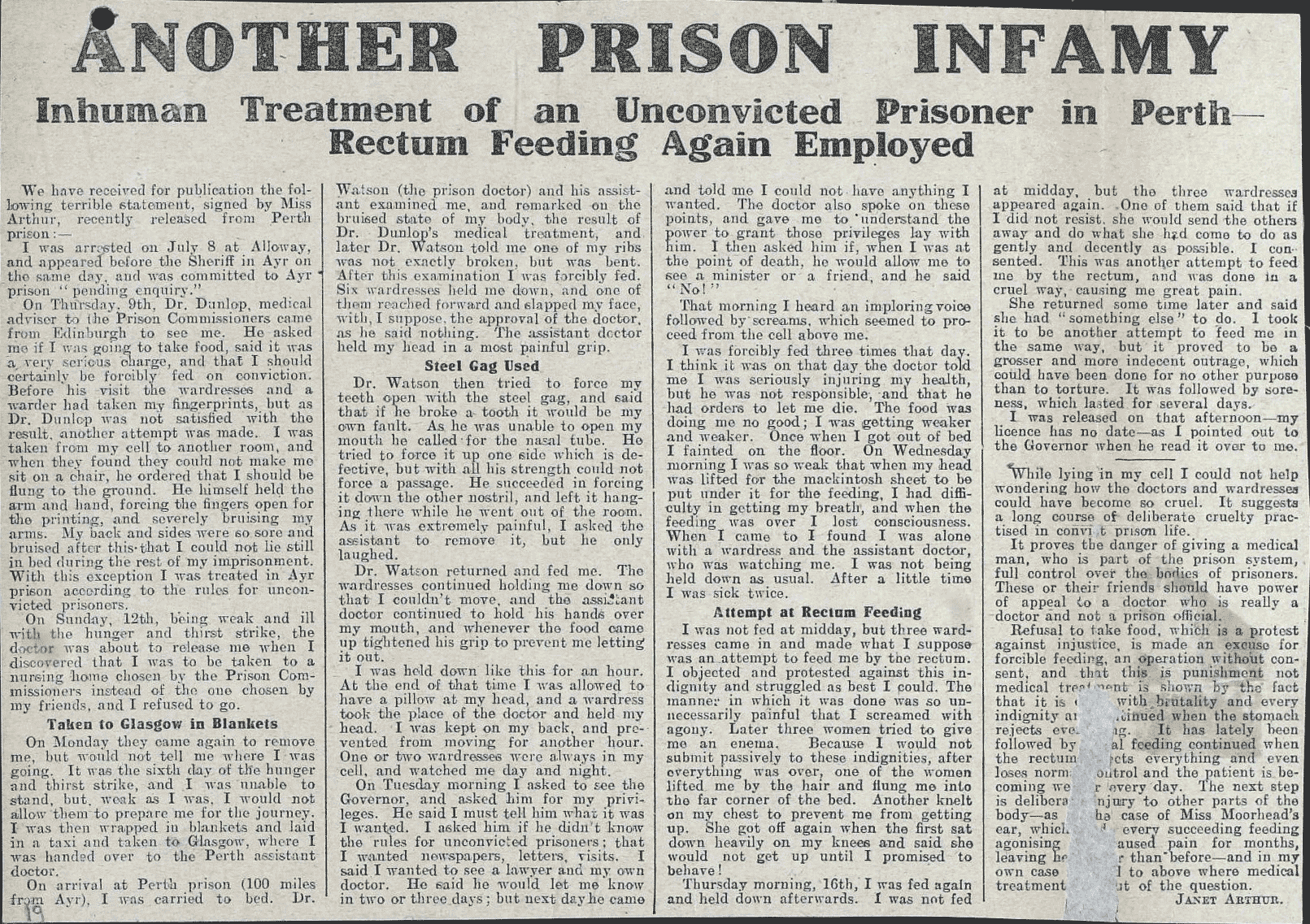 Article by Fanny Parker alias Janet Arthur on the inhuman treatment she received as a prisoner. Published in ‘Votes for Women’ in 1914. Full transcript available in Rich Text Format, 20KB, using the link above or below the image. (National Records of Scotland reference: HH16/43/6).