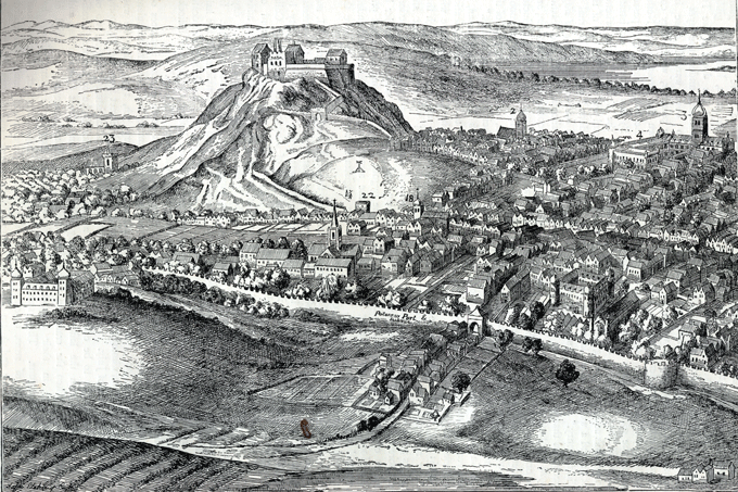 The image shows an engraving of old Edinburgh, originally published in Cassell's 'Old and New Edinburgh' vol.1 p.125