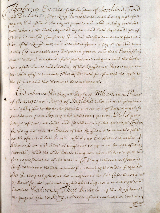 The image shows an extract from the Claim of Right. National Records of Scotland, Acts of Parliament, reference PA2/33 p.38