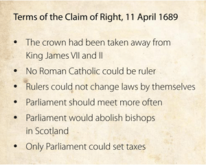 The terms of the Claim of Right, 11 April 1689. The crown had been taken away from King James VII and II; No Roman Catholic could be ruler; Rulers could not change laws by themselves; Parliament should meet more often; Parliament would abolish bishops in Scotland; Only Parliament could set taxes.