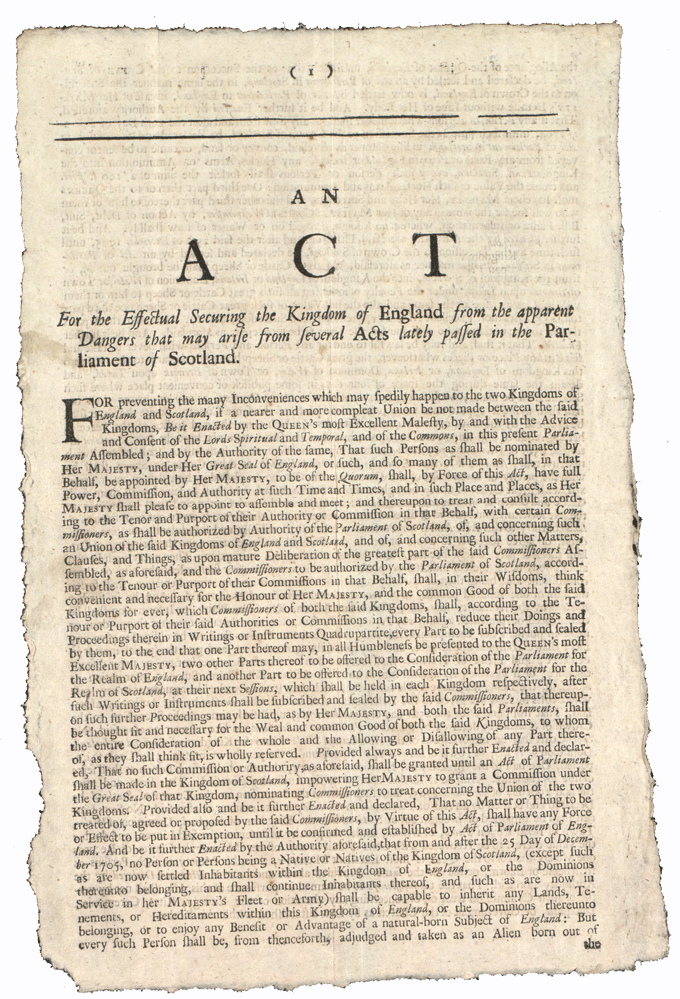The image shows the first page of the Alien Act, 1705. National Records of Scotland, Hamilton Papers, GD406/M1/247/1