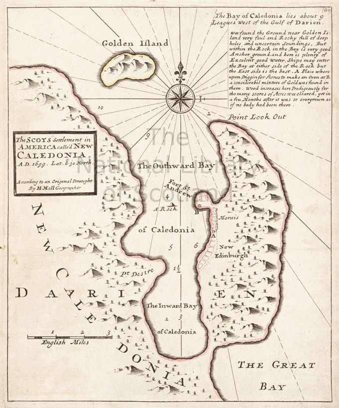 The image shows an extract of 'The Scots Settlement in America called New Caledonia A.D. 1699, according to an original draught by H. Moll'. Published in Herman Moll's 'Atlas Minor', 1736. Reproduced by kind permission of the National Library of Scotland.