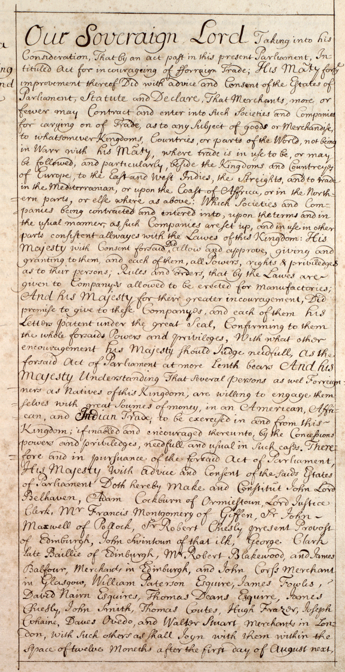 The image shows the first page of the Act of Parliament establishing the Company of Scotland Trading to Africa and the Indies, National Records of Scotland reference PA2/36, folio 28, APS ix,377