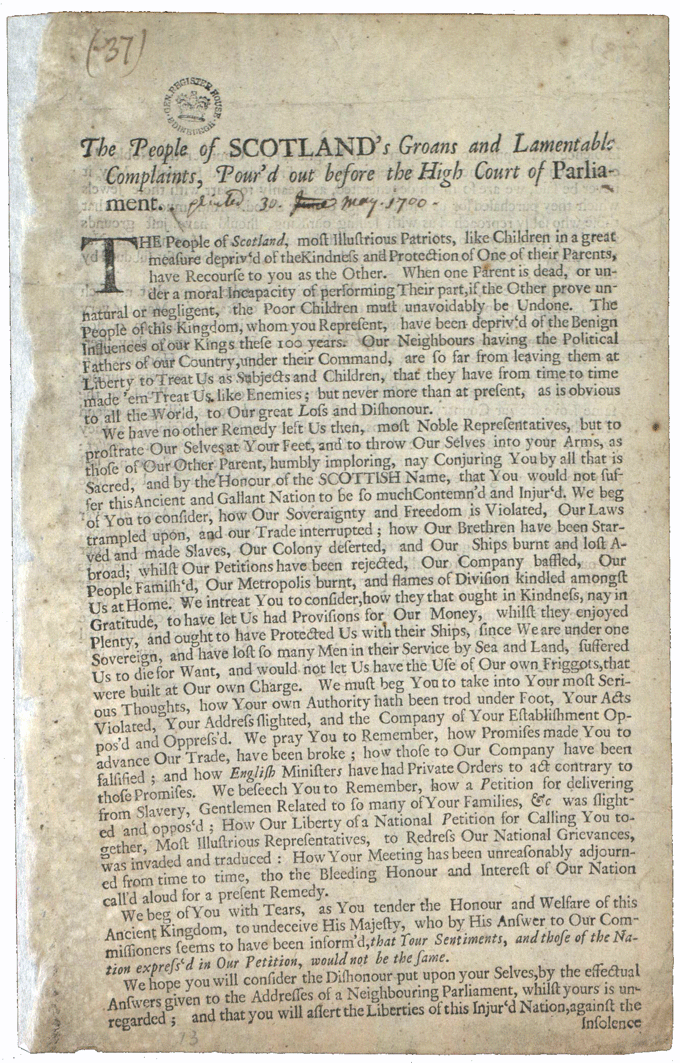 The image shows the first page of The People of Scotland’s Groans and Lamentable Complaints, National Records of Scotland reference PA7/17/1/21A