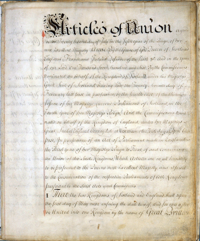 The image shows the first page of the Articles of Union, National Records of Scotland, State Papers, SP13/209