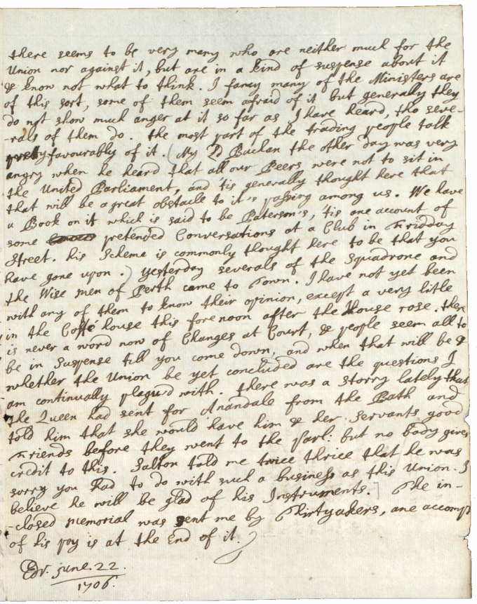 The image shows a letter from James Erskine to his brother, the Earl of Mar, June 1706. National Records of Scotland, Mar and Kellie papers, GD124/15/413/3