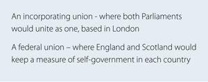 Image shows a textbox which states the following: An incorporating union - where both Parliaments would unite as one, based in London, and A federal union - where England and Scotland would keep a measure of self-government in each country.