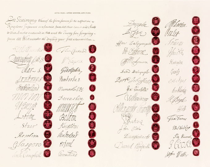 The image shows a facsimile of the signatures to the Articles of Union (c) Crown copyright, National Records of Scotland