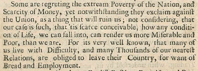 The image shows an extract from 'A Letter to a Friend Giving An Account of How the Treaety of Union has been Received', 1706, by Sir John Clerk of Penicuik