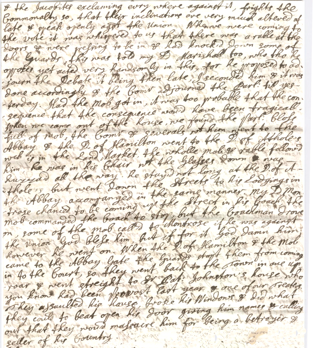 The image shows a page of the letter from the Earl of Mar describing the disturbances in Edinburgh. National Records of Scotland, Mar and Kellie Papers, reference GD124/15/449/44