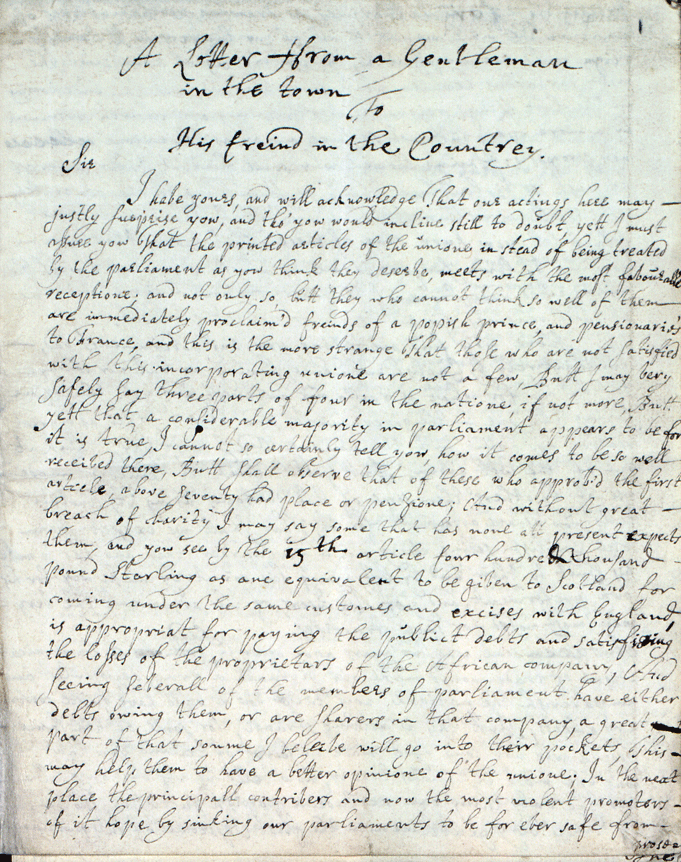 The image shows the first page from a letter by an unknown author which appeared in Edinburgh in December 1706. National Records of Scotland, Hamilton Papers, reference GD406/M1/253/14