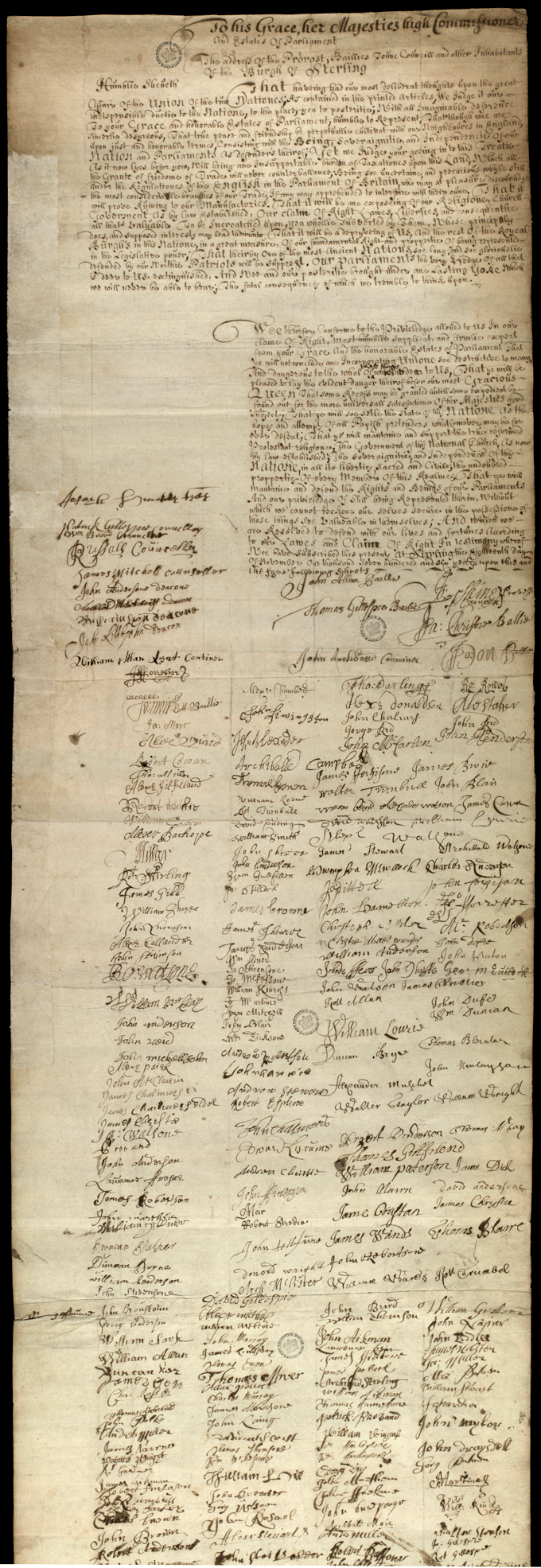 The image shows part of the petition from the Royal Burgh of Stirling, National Records of Scotland, Parliamentary Papers, reference PA7/28/48