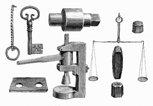 The image shows a drawing of relics of the Old Scottish Mint, taken from Cassell's Old and New Edinburgh, James Grant, vol.1, p.269