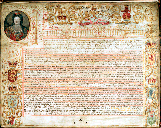 The image shows the first page of the Exemplification of the Act of Union, 7 March 1707. National Records of Scotland, State Papers, reference SP13/210 p.1