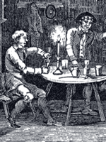 The image shows an extract from an engraving of a coffee house.